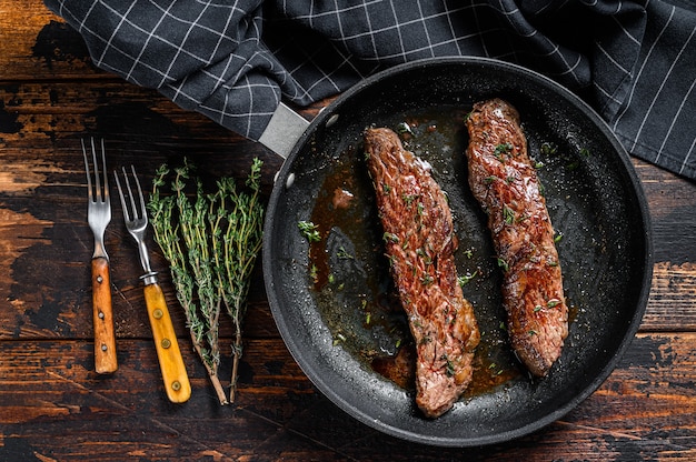 Grilled Skirt machete Steak in a pan.