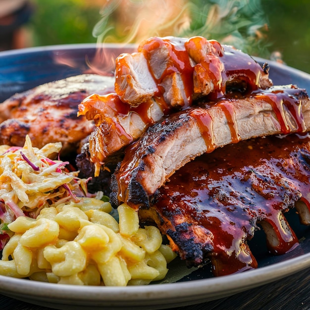 Foto costole alla griglia o affumicate e pollo con salsa barbecue, mas e formaggio e insalata di cole