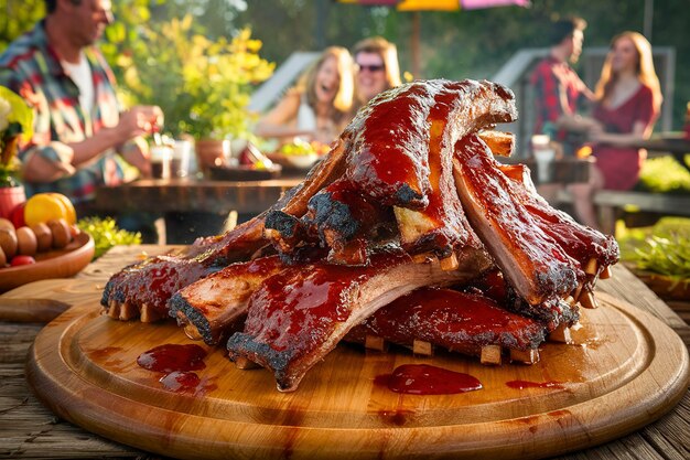 Grilled and smoked ribs with barbeque sauce on a carving board