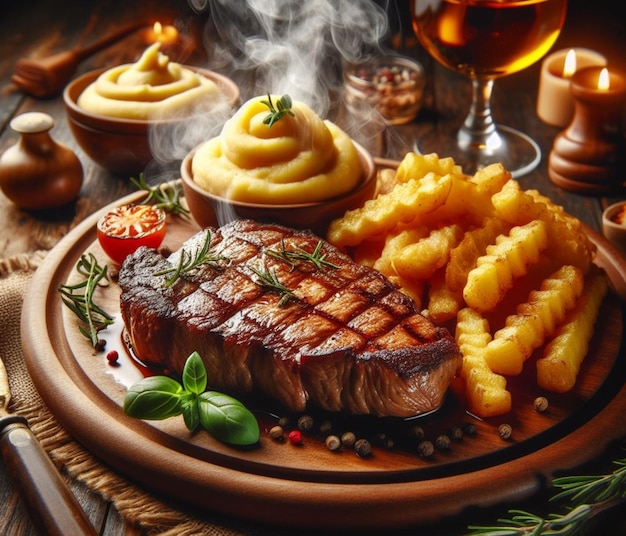 Гриллированный курительный стейк, идеальный повар в деревянной посуде, картофель, овощи, деревенская обстановка на столе.