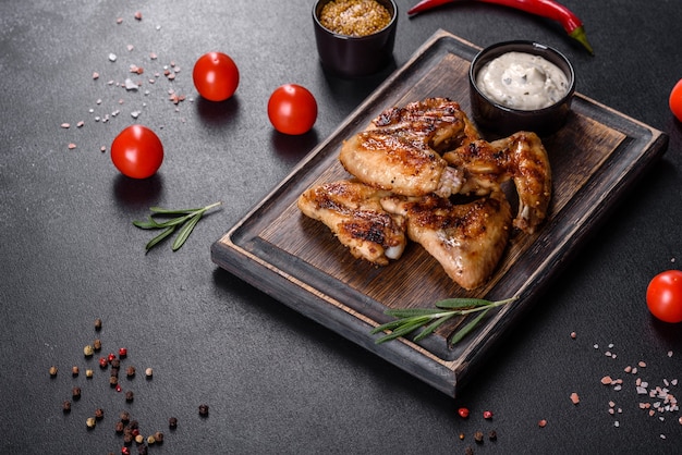 Grilled spicy chicken wings on a dark background with spices and herbs