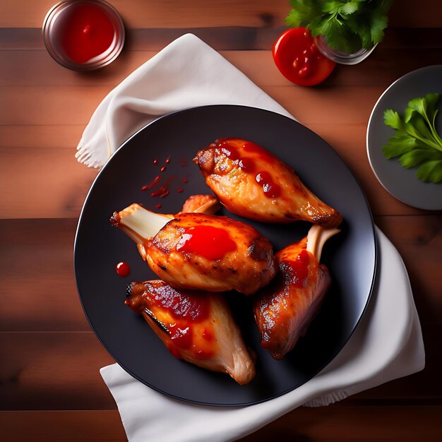 Grilled spicy chicken wings with ketchup on a plate on a wooden table Bbq chicken wings Top view