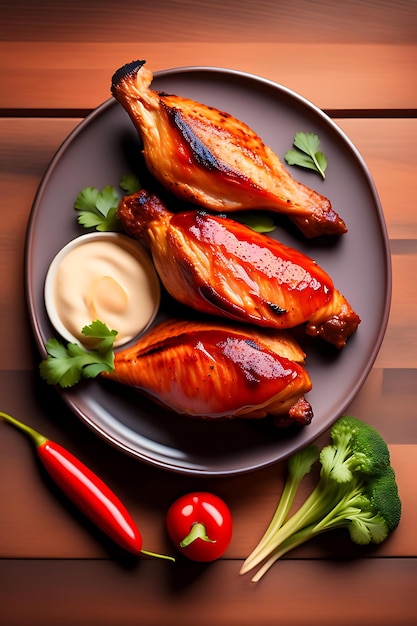 Grilled spicy chicken wings with ketchup on a plate on a wooden table Bbq chicken wings Top view