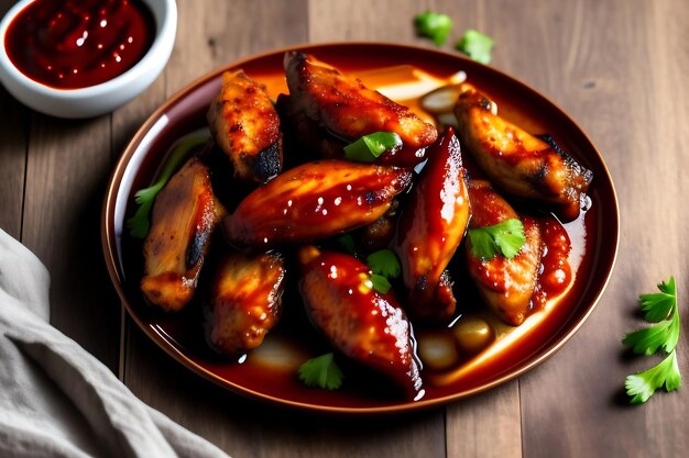 Grilled spicy chicken wings with ketchup on a plate on a wooden table Bbq chicken wings Top view