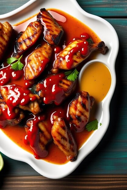 Grilled spicy chicken wings with ketchup on a wooden table Bbq chicken wings Top view