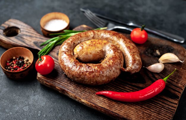 Grilled spiral sausage with spices on a cutting board