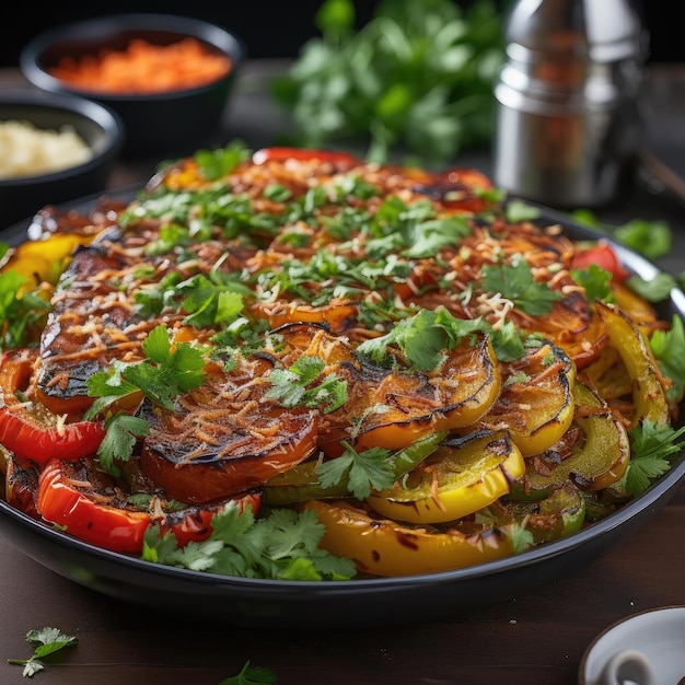 Grilled squash and peppers in a vibrant multilayered composition