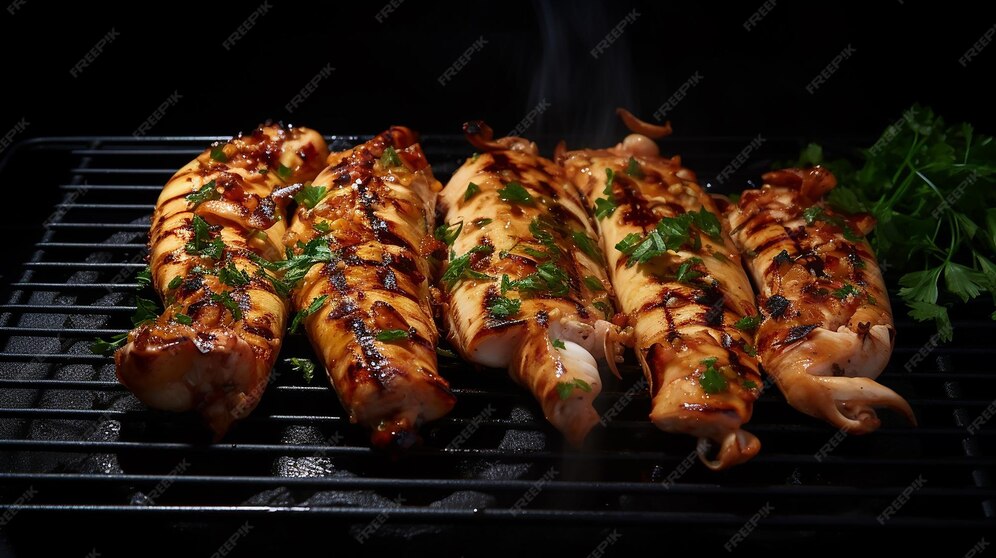 Premium AI Image | Grilled Squid on Black Background