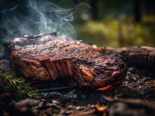 Grilled steak on a barbecue grill in nature AI generative