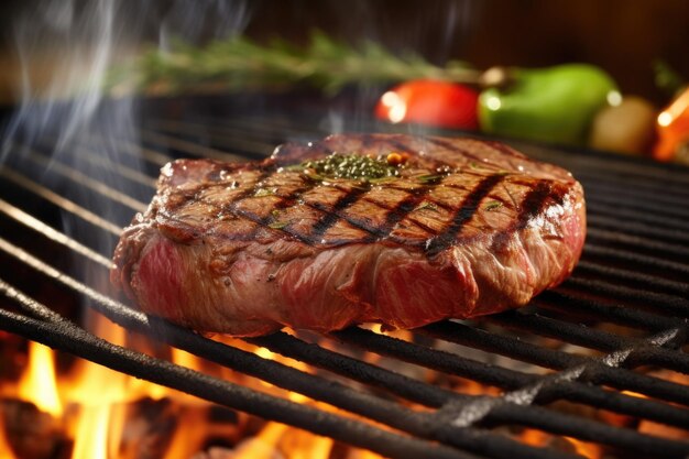 grilled steak on barbecue with smoke rising
