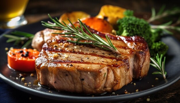 Grilled steak cooked to perfection on a rustic wooden plate generated by artificial intelligence