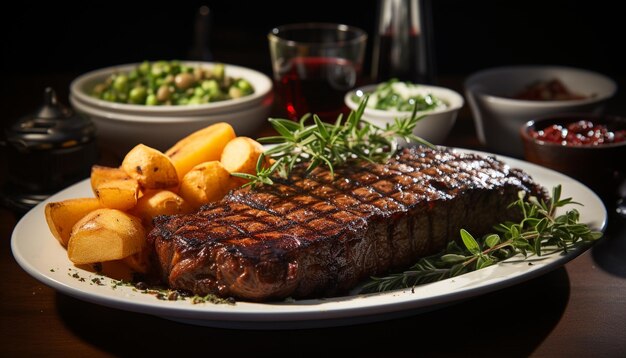 Photo grilled steak gourmet meal cooked to perfection on barbecue generated by artificial intelligence