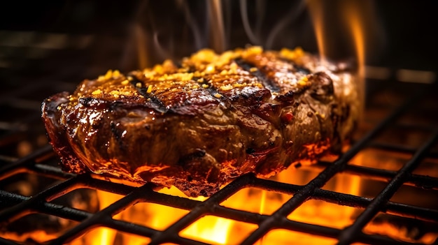 Grilled steak on hot fire background