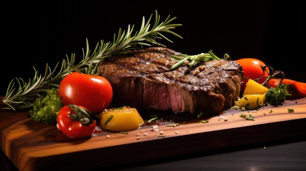 Grilled steak meal with rosemary potatoes and tomatoes on wooden desk