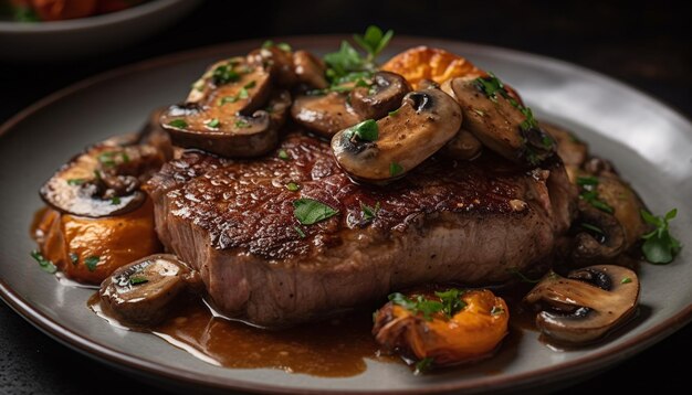 Foto steak grigliato, funghi e piatto di verdure, un pasto gourmet generato dall'intelligenza artificiale.