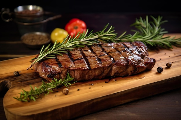 Grilled steak nicely presented on a wooden board