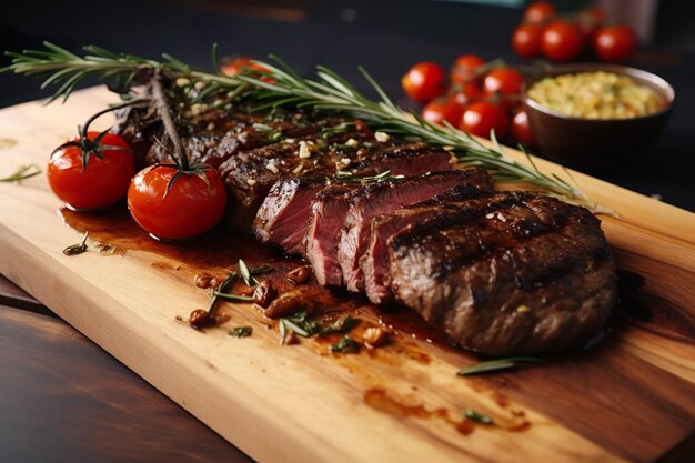 Grilled steak nicely presented on a wooden board