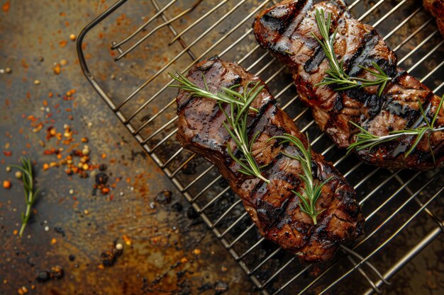 Foto perfezione della bistecca alla griglia steak di manzo saporito ricoperto di rosmarino fresco su un inossidabile