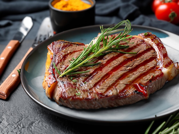 Grilled steak on plate with spices and rosemary closeup