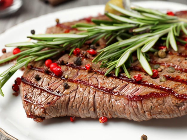 Grilled steak on plate with spices and rosemary closeup