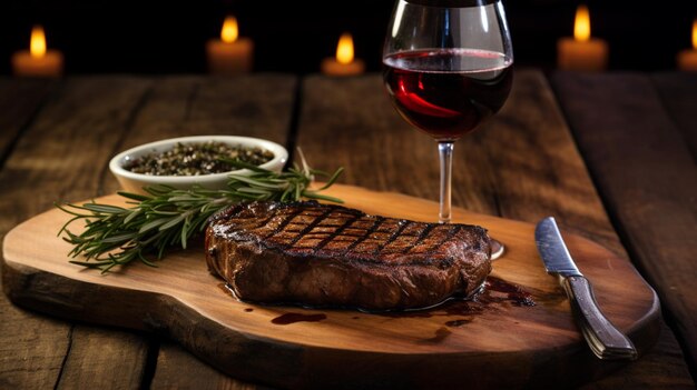 Grilled steak on rustic wood table with red wine drink