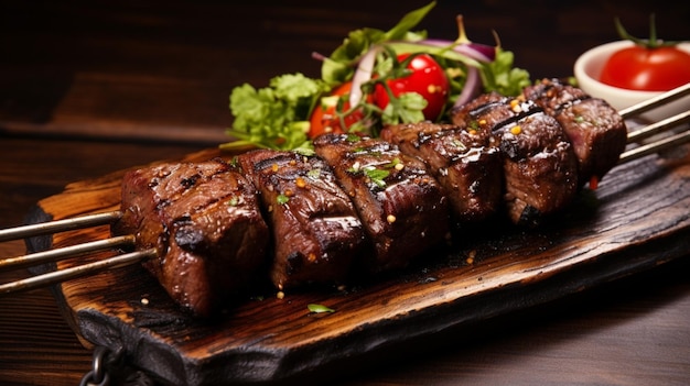 grilled steak on skewer served on rustic plate