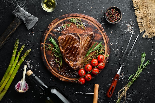 Grilled Steak on a stone table Top view Free space for text