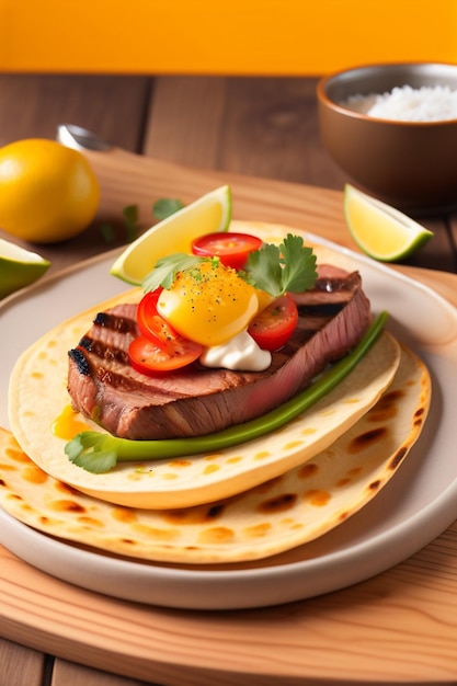 Grilled steak taco on yellow flatbread plate