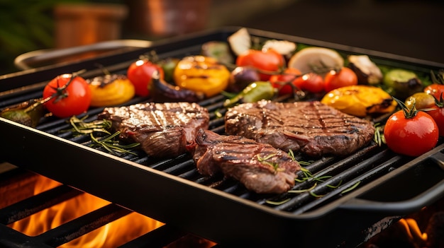 Grilled steak and vegetables on a hot barbecue plate