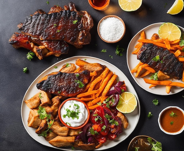 Photo grilled steak and vegetables