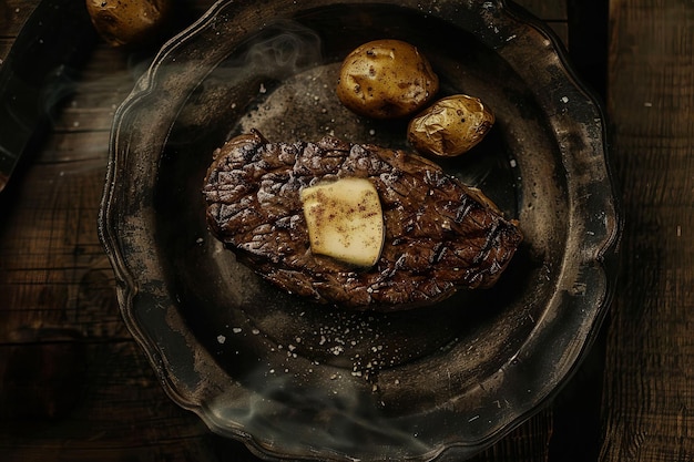 A grilled steak with butter on the top and baked potato Vintage plate Dark color background