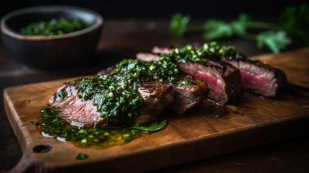 Grilled steak with chimichurri sauce Generative AI image