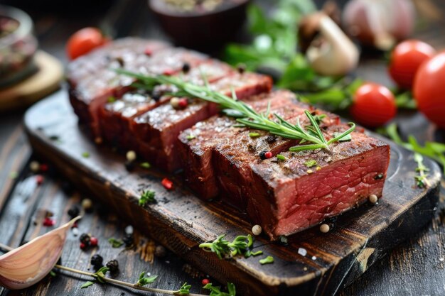 Grilled steak with herbs on a wooden board