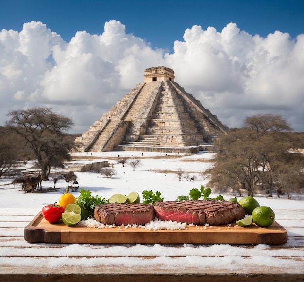 Grilled steak with lime and onion on wooden board with chichen itza pyramid in background