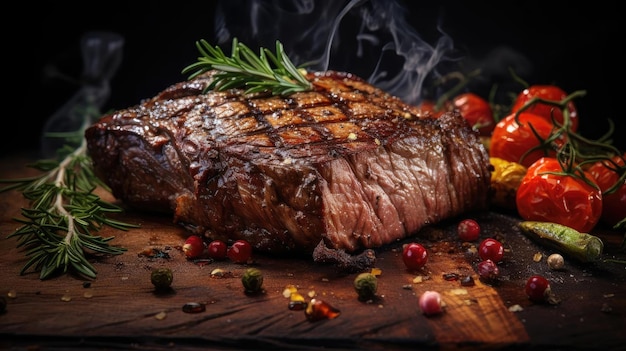 Grilled steak with melted barbeque sauce on a black and blurry background