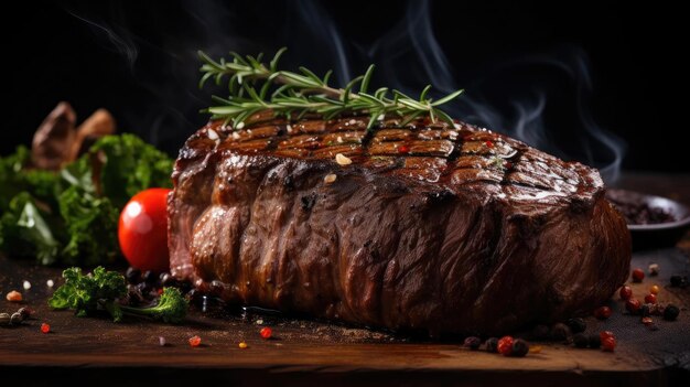 Grilled steak with melted barbeque sauce on a black and blurry background