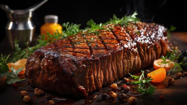 Grilled steak with melted barbeque sauce on a black and blurry background