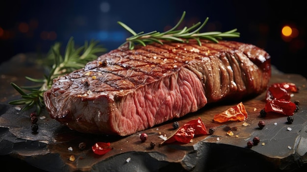 Grilled steak with melted barbeque sauce on a black and blurry background