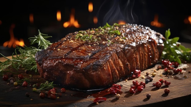 Foto bistecca alla griglia con salsa barbecue fusa su uno sfondo nero e sfocato