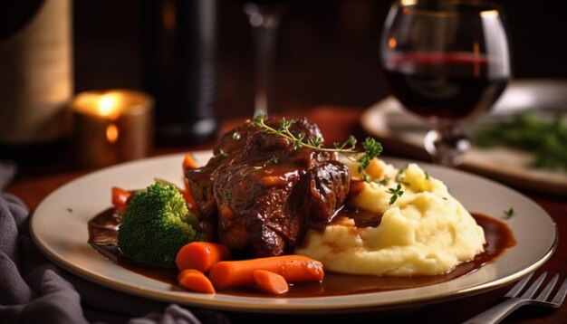 Grilled steak with vegetables and wine dinner plate generated by AI