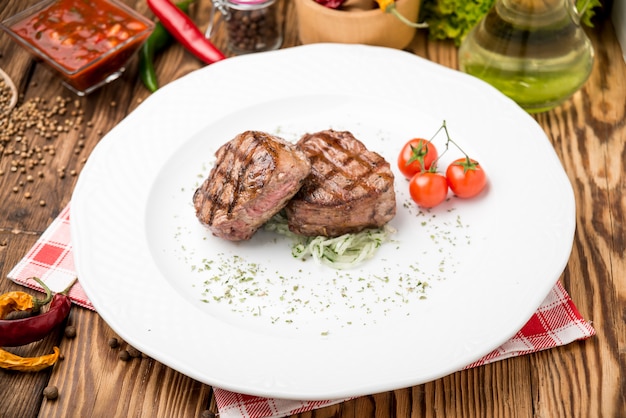 Grilled steaknd vegetables on the grill