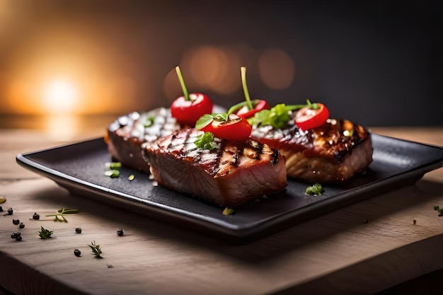 Grilled steaks with cherry tomatoes on a cutting board