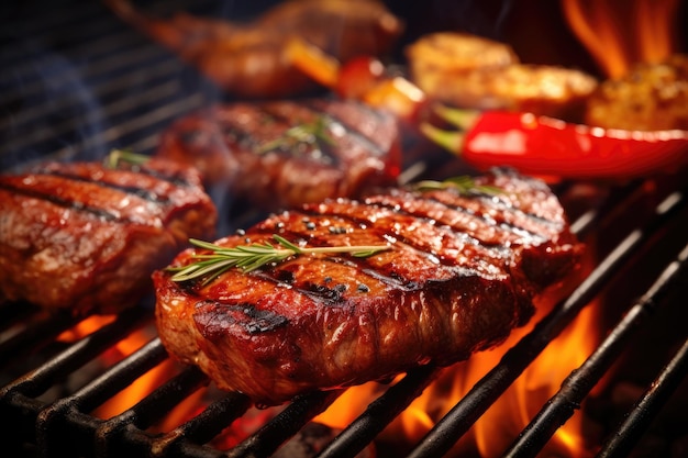 Grilled steaks with vegetables on barbecue grill closeup Beef steak and sausages on barbecue grill closeup AI Generated