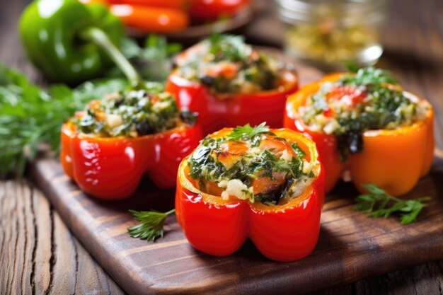 Grilled stuffed bell peppers on a rustic table