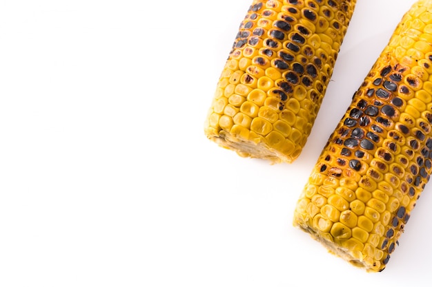 Grilled sweet corn isolated top view copy space