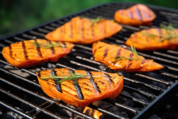 Grilled sweet potatoes on a charcoal grill