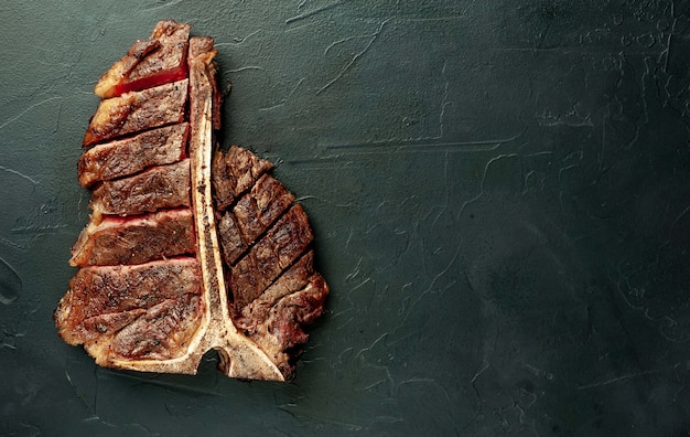 Grilled T-bone steak on a stone table. With copy space for your text.