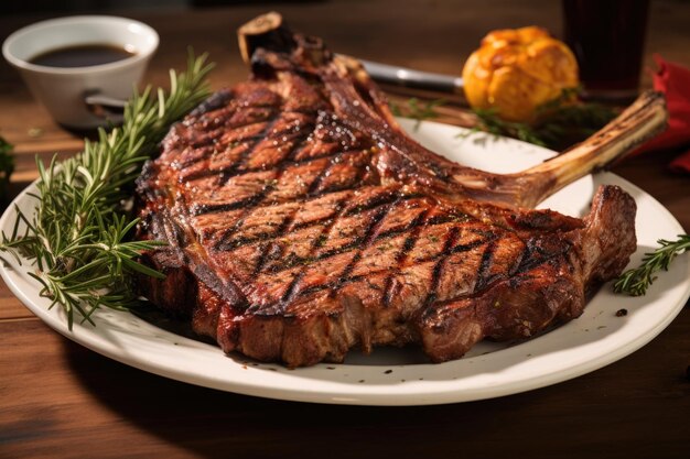 Grilled tbone steak with grill marks on plate