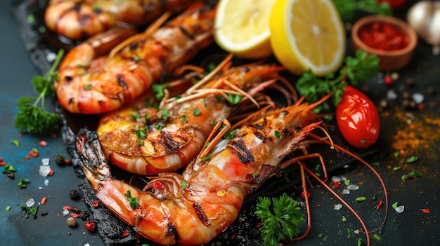 Photo grilled tiger shrimps with spice and lemon grilled seafood