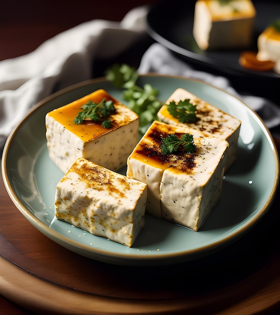 Срезки сыра тофу на гриле с куркумой и травами, подаваемые на тарелке Вегетарианская здоровая еда